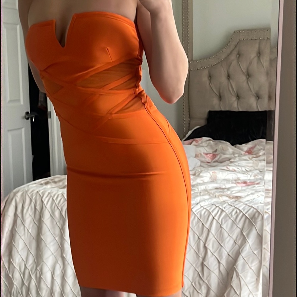 midi orange bandage dress mesh design